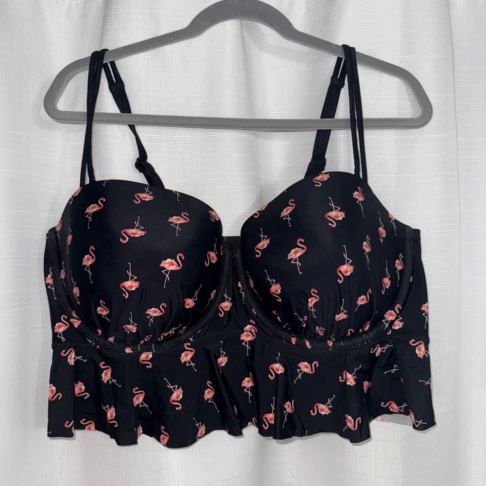 Black Flamingo Print Bustier Swim Top 42F
